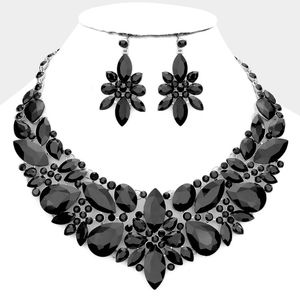 Black Crystals Multi Stone Statement Necklace Set Glamorous Evening Wear Jewelry